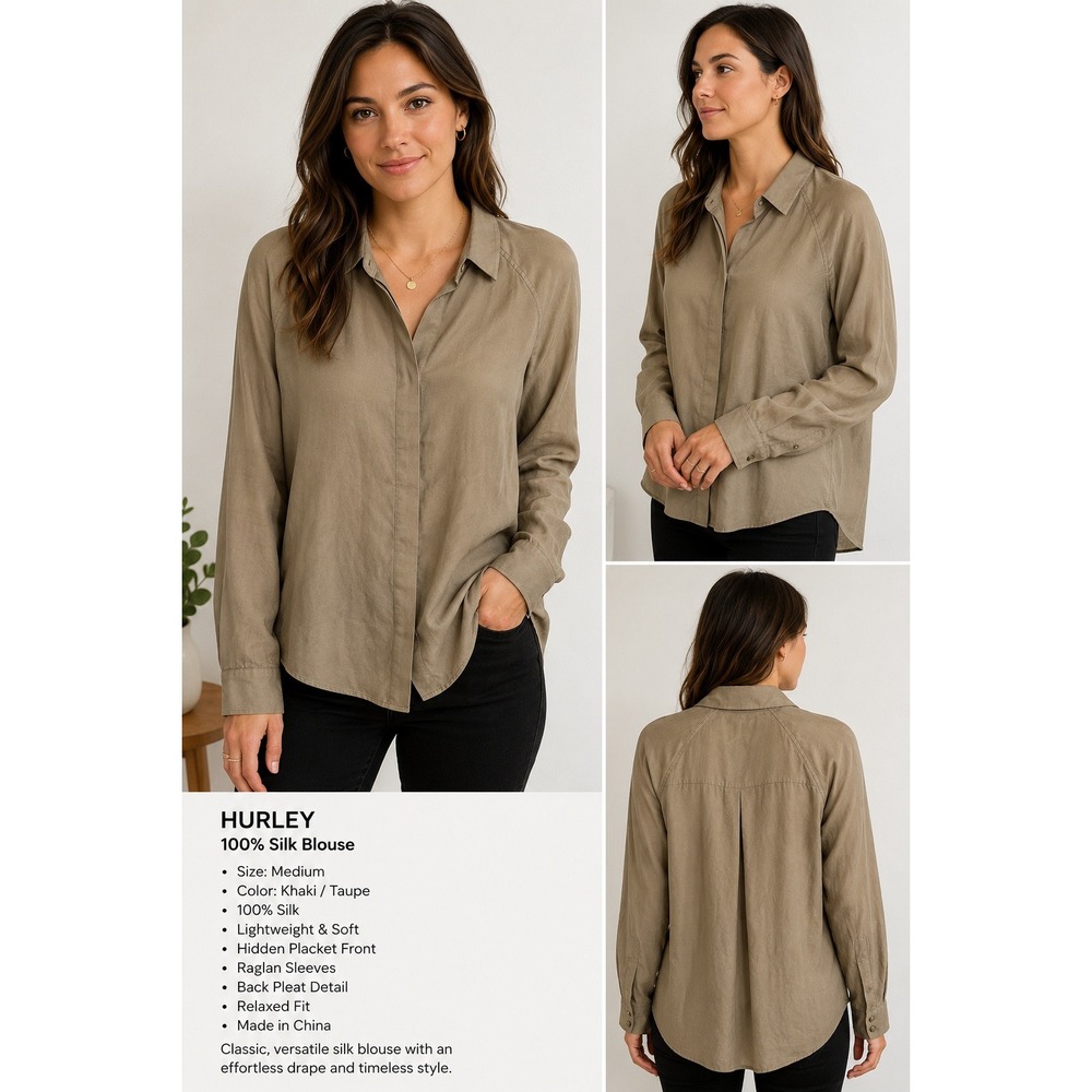 Hurley 100% Silk Button Front Blouse Taupe Long Sleeve Shirt Medium